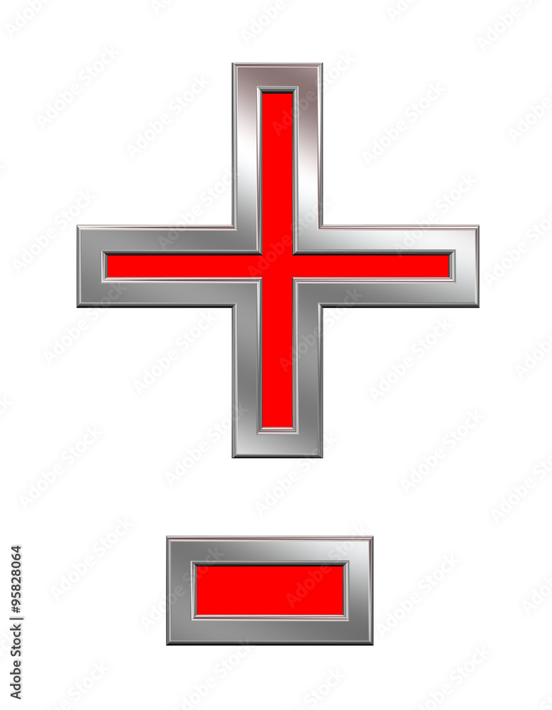 Fototapete hyphen, minus, plus marks from red with chrome frame alphabet set, isolated on white. computer gener