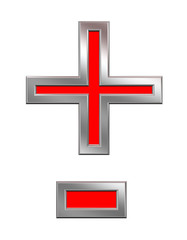 Hyphen, minus, plus marks from red with chrome frame alphabet set, isolated on white. Computer generated 3D photo rendering.