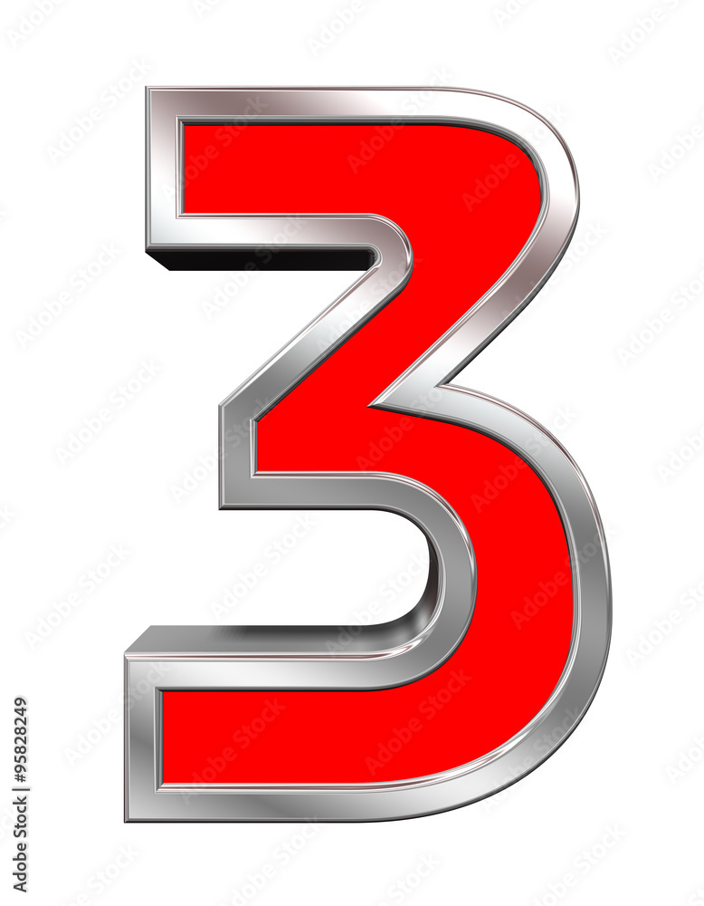Fototapete one digit from red with chrome frame alphabet set, isolated on white. computer generated 3d photo re
