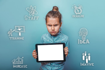 Teen baby girl holding a tablet made offended person sketch icon