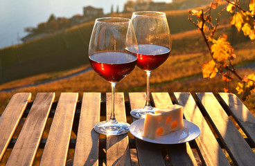 Wine and cheese against Geneva lake, Switzerland