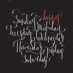 Handwritten days of the week: Monday, Tuesday, Wednesday, Thursday, Friday, Saturday, Sunday. Handdrawn calligraphy lettering for diary, banner, calendar, planner, poster. Isolated vector illustration