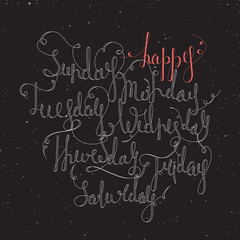 Handwritten days of the week: Monday, Tuesday, Wednesday, Thursday, Friday, Saturday, Sunday. Handdrawn calligraphy lettering for diary, banner, calendar, planner, poster. Isolated vector illustration