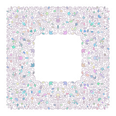Elegant luxury varicolored floral frame. Square design template. Lineart vector illustration.