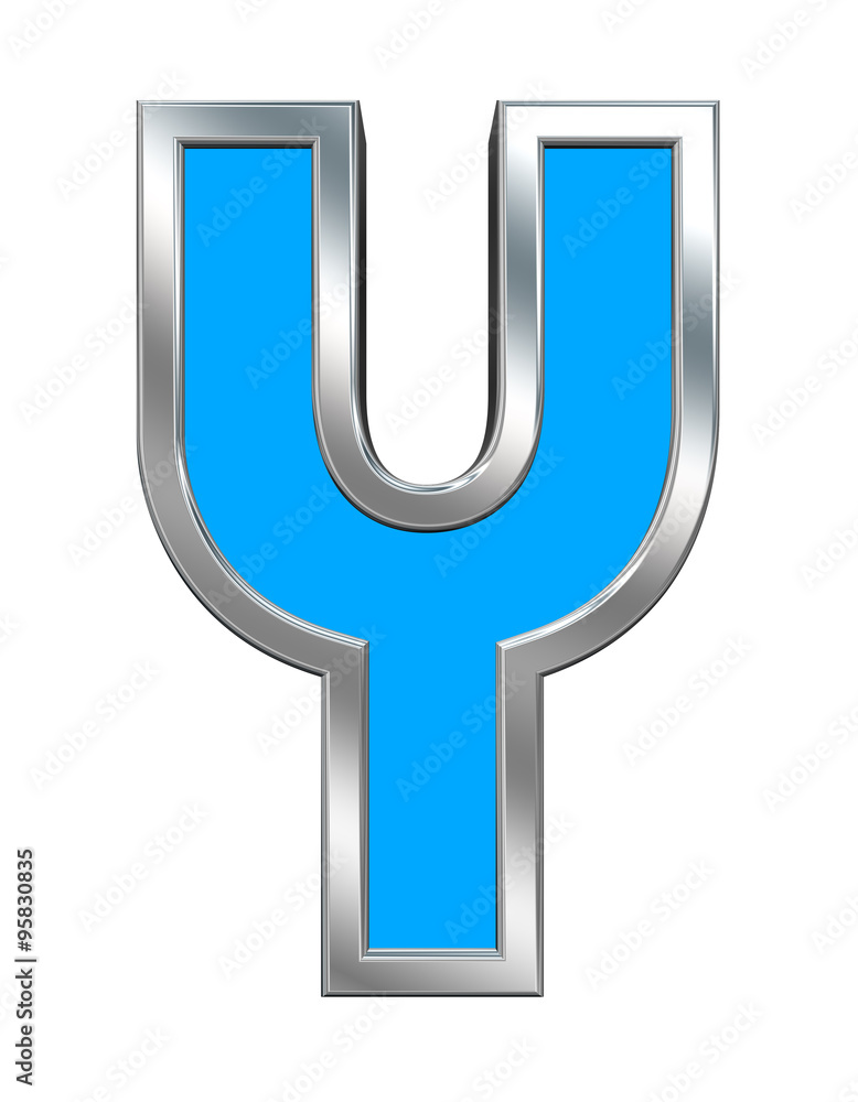 Fototapete one letter from light blue with chrome frame alphabet set, isolated on white. computer generated 3d 