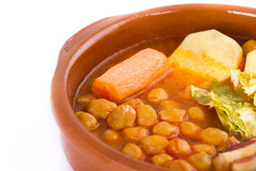 Madrid stew on earthenware pot, spanish food
