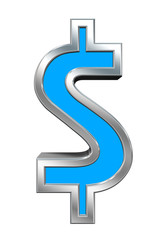 Naklejka premium Dollar sign from light blue with chrome frame alphabet set, isolated on white. Computer generated 3D photo rendering.