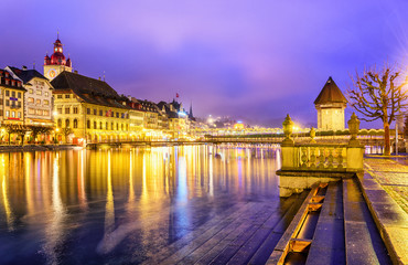 Lucerne, Switzerland. View over Reuss river to the old town and Water tower