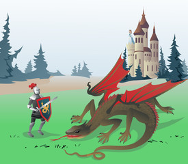 Knight fighting Dragon. The vector illustration of the Medieval Knight fighting Dragon to save the Princess locked in the Castle. Illustration based on Traditional Fairy Tales. No Transparency!