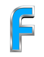 One letter from light blue with chrome frame alphabet set, isolated on white. Computer generated 3D photo rendering.