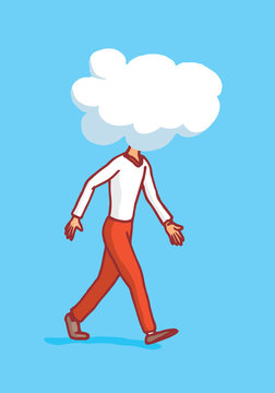Man walking with cloud on his head or clouded thoughts