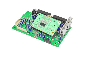 Printed green circuit board, isolated on white background