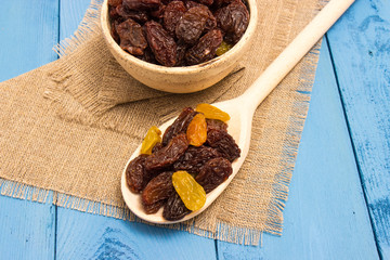 the raisins on a blue board