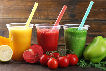 Fresh juice mix fruit, healthy drinks on wooden background