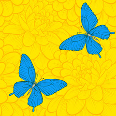 Beautiful seamless background with butterflies and dahlias.