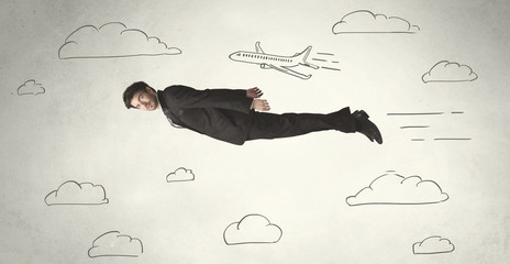 Cheerful business person flying between hand drawn sky clouds