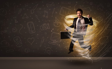 Happy businessman jumping in tornado concept