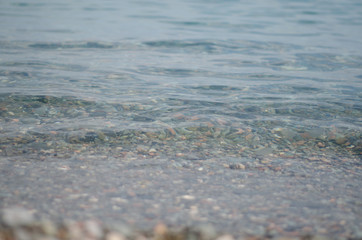 Soft waves wash over a mosaic of pebbles on the seaside.