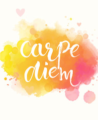 Carpe diem - latin phrase means seize the day, enjoy the moment. Inspirational quote expressive handwritten with brush on colorful watercolor imitation texture background Vector calligraphy art