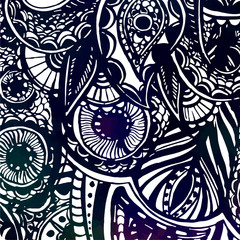 Black and white ornate hand drawn doodles with paisleys and floral elements. Coloring page for adults. Vector graphic