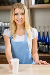 Pleasant waitress standing at a counter 