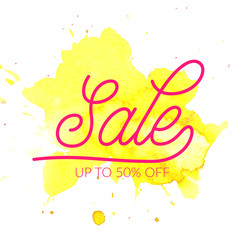 Sale banner. Pink text on green watercolor splash