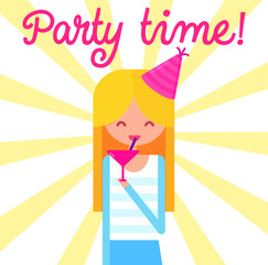 girl with cocktail glass and party hat at yellow starburst background. Flat vector illustration