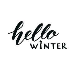 Hello winter. Typography banner with hand lettering, brush script. Winter season cards, december greetings for social media. Vector calligraphy