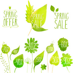 Spring sale vector green elements, labels and badges. Hand paint