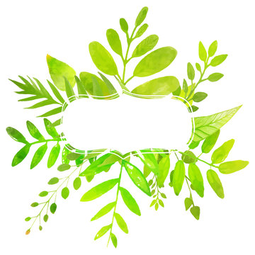 Summer frame with painted bright green leaves. Vector nature ill