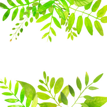 Spring frame with bright green leaves. Vector watercolor illustr