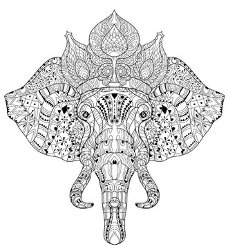 Elephant head zentangle doodle on white vector sketch.