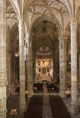 Church interiors of the Jeronimos Monastery in Lisbon. View from the top.