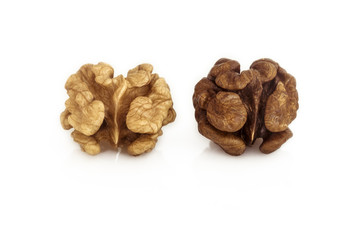 Walnuts. Two whole peeled walnuts on a white background. Light and dark kernels.