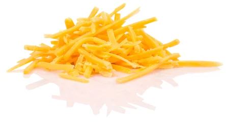 Deurstickers Grated cheddar cheese over white background © akulamatiau