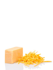 Grated cheddar cheese over white background