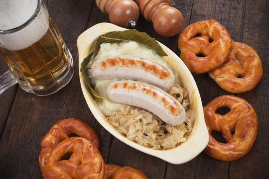 German white sausage with sauerkaraut