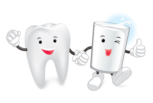 Glass of milk and tooth. Vector cartoon. Friends forever. comic characters.