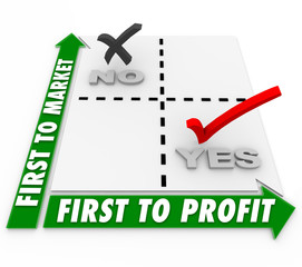 First to Market or Profit Words Marix Business Strategy Successf
