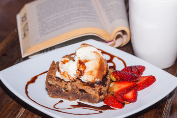 Brownie With Ice Cream Relaxing Reading Evening