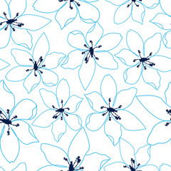 Tropical embroidery blue floral design in a seamless pattern