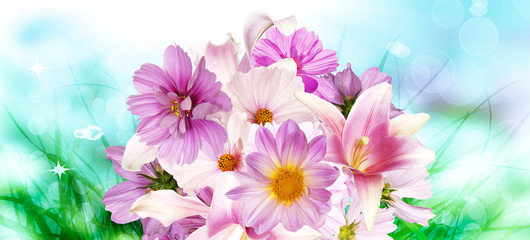 Obraz na płótnie Canvas Beautiful bouquet pink flowers.Lily.,orchids,pink chamomile,cosmeya and garden flowers