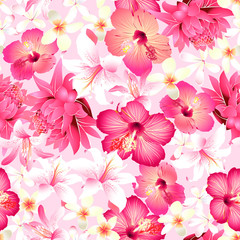 Tropical flowers with pink background seamless pattern