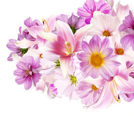 Fototapeta na wymiar Beautiful bouquet pink flowers.Lily.,orchids,pink chamomile,cosmeya and garden flowers