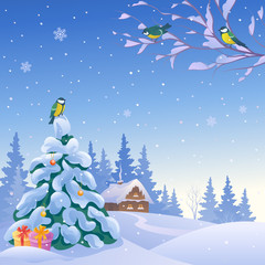 Christmas square landscape with birds