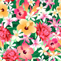 Tropical hibiscus floral 4 seamless pattern