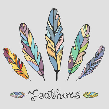 Hand Drawn Painted Cartoon Feathers Set