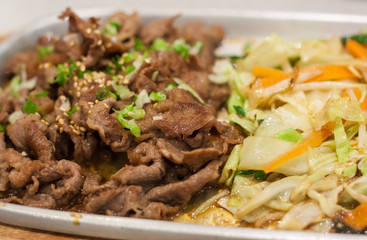 meat slice on the hot plate with vegetables