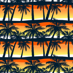 Obraz premium Tropical palms trees at sunset in a seamless pattern