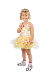  Little girl in a beautiful yellow dress and crown on white back